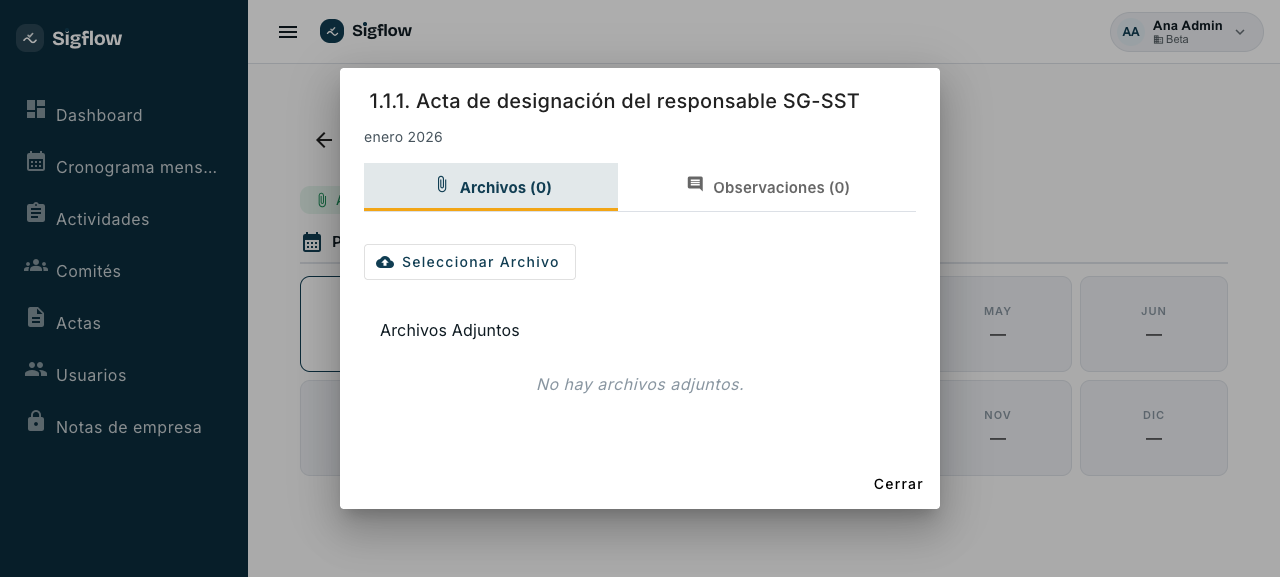 Ventana del mes con pestañas de archivos y observaciones