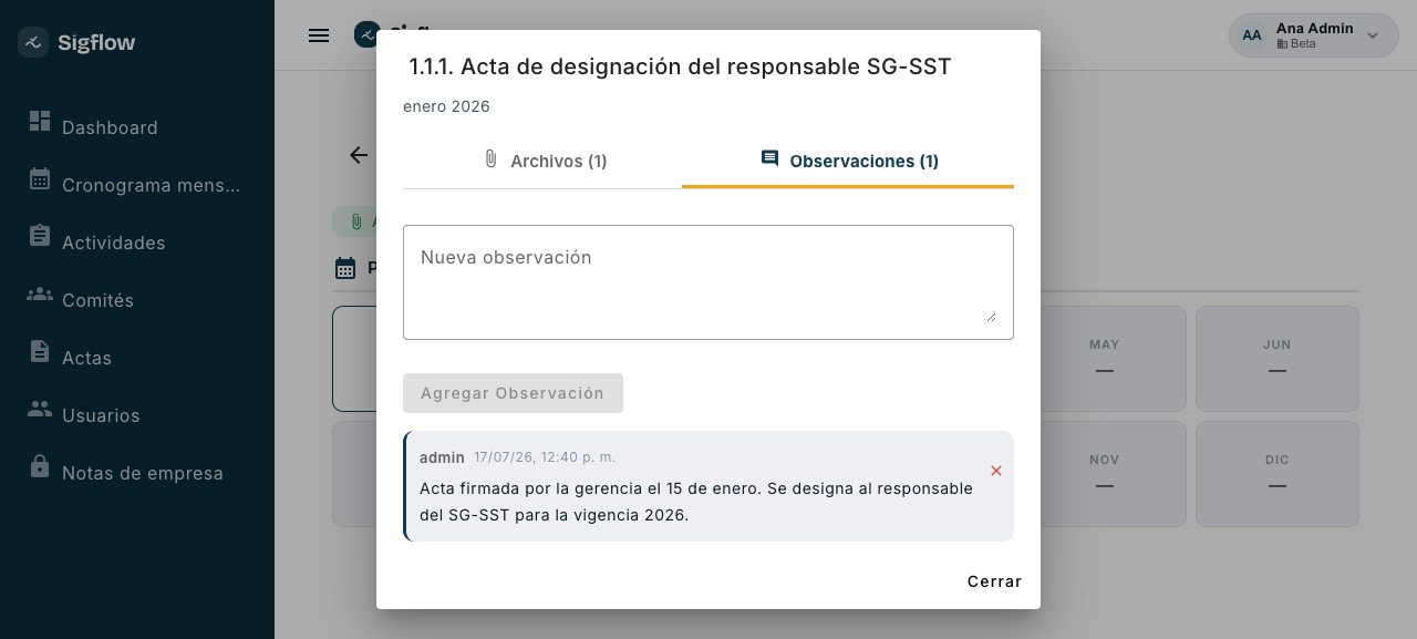 Observación registrada en la actividad