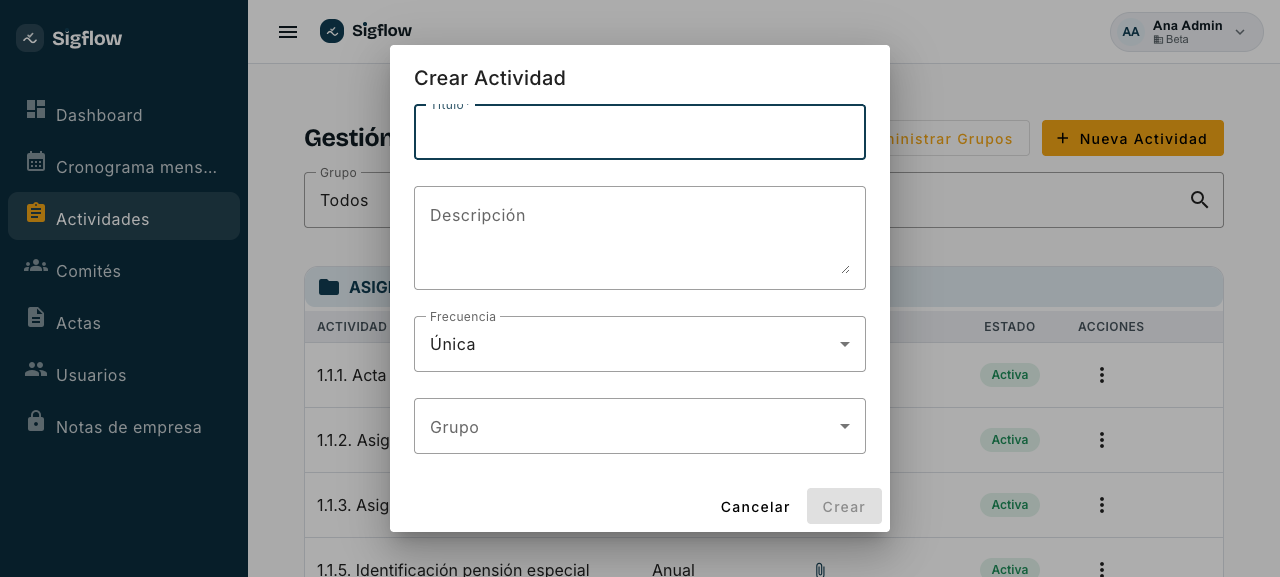 Formulario de creación de actividad