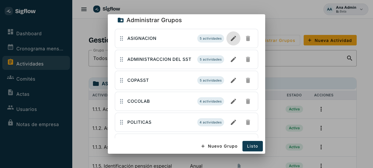 Ventana para administrar grupos de actividades