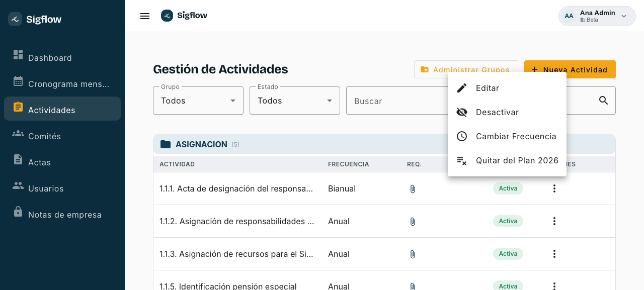 Menú de opciones de una actividad