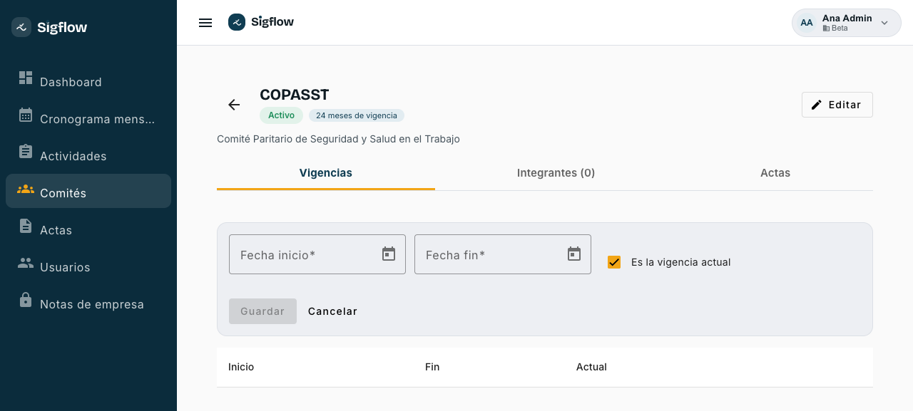 Formulario de nueva vigencia con fechas