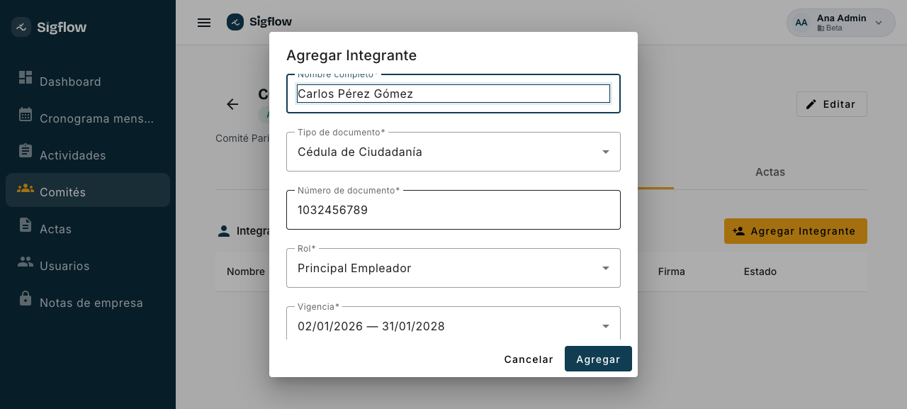 Formulario de integrante con espacio para firma