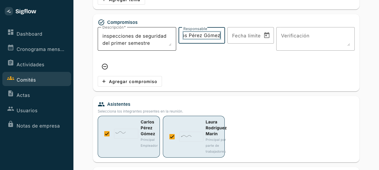 Formulario de acta con temas, compromisos y asistentes