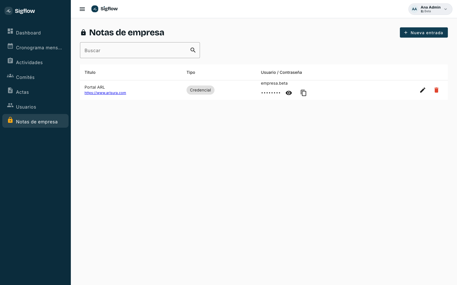 Listado de notas de empresa con una credencial guardada