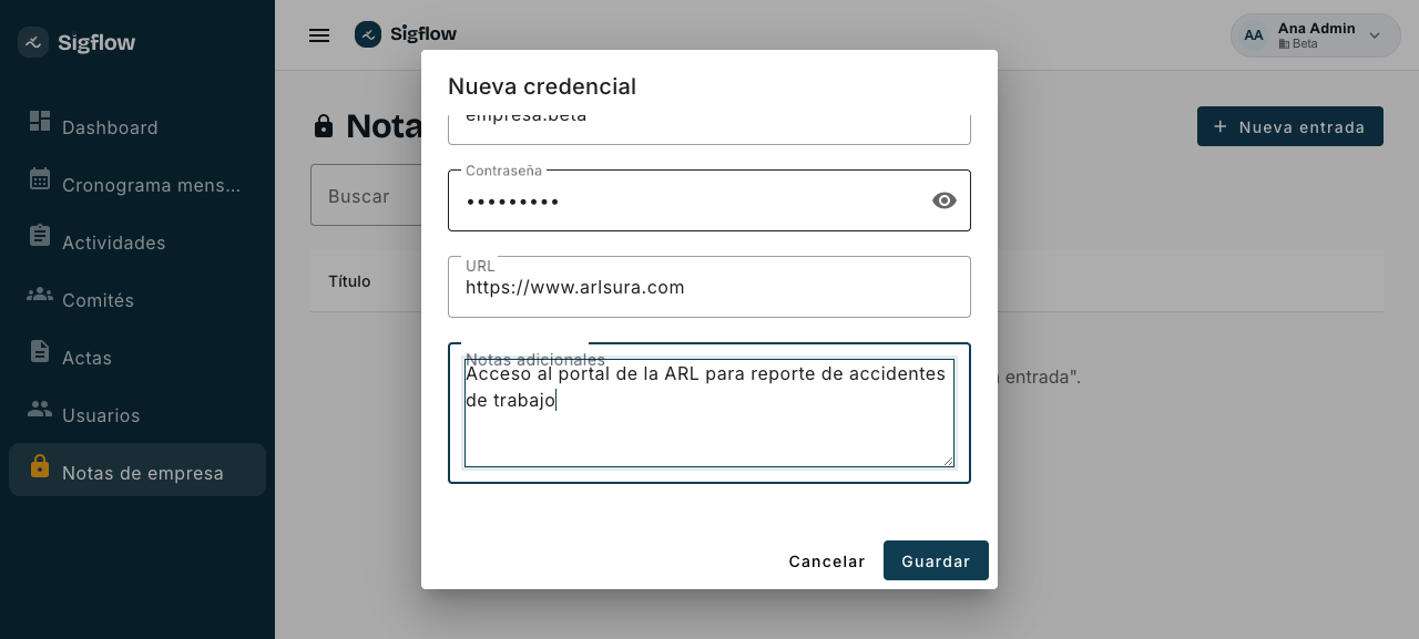 Formulario de nueva credencial con usuario, contraseña y URL