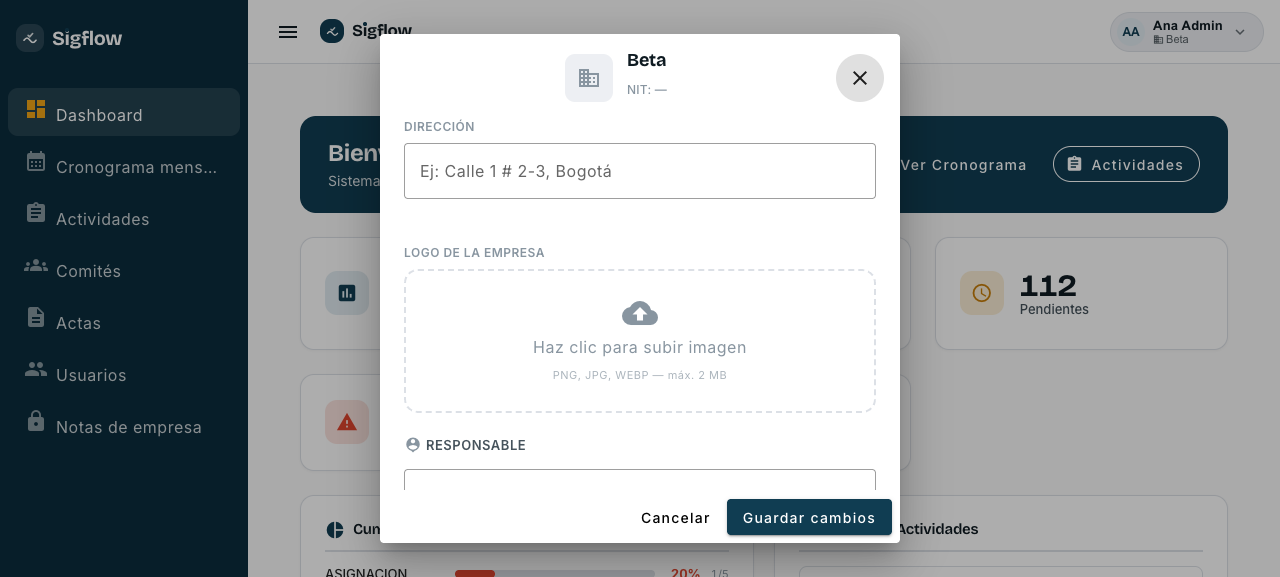 Ventana de configuración de empresa con logo y responsable