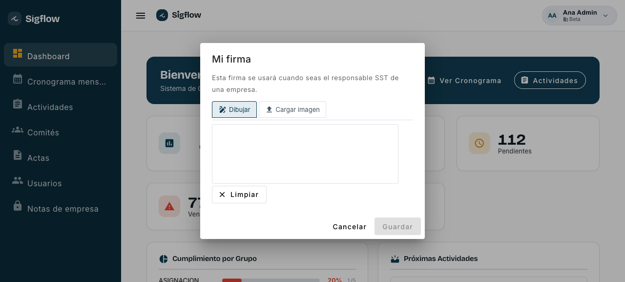 Ventana para registrar la firma personal