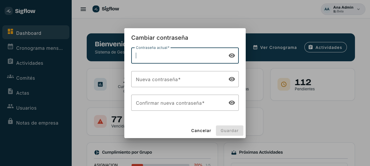 Ventana para cambiar la contraseña