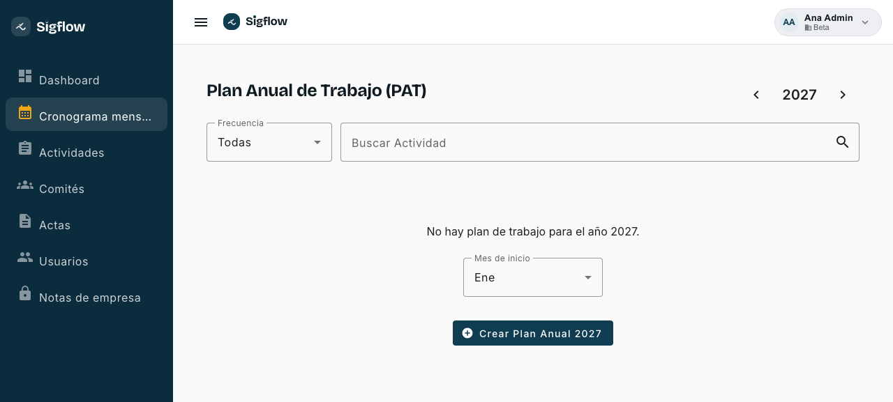 Año sin plan de trabajo, con selector de mes de inicio y botón para crear el plan