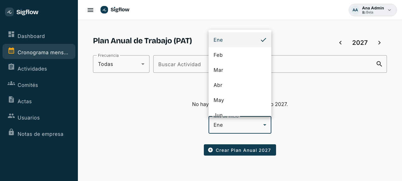 Lista desplegable para elegir el mes de inicio del plan