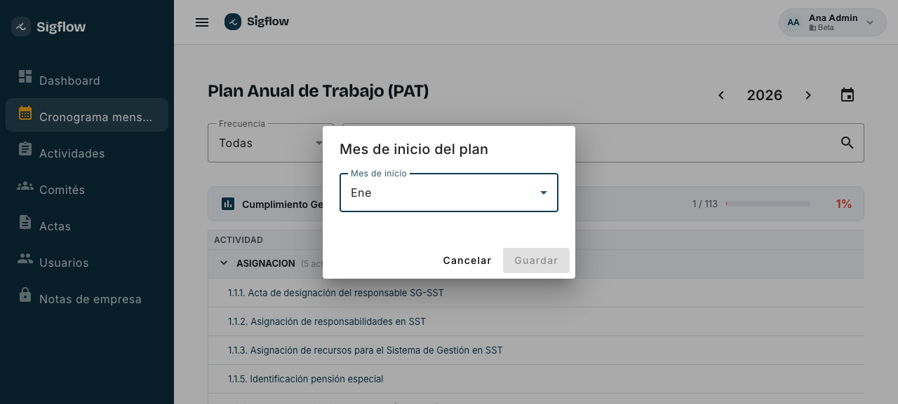 Ventana para cambiar el mes de inicio del plan del año