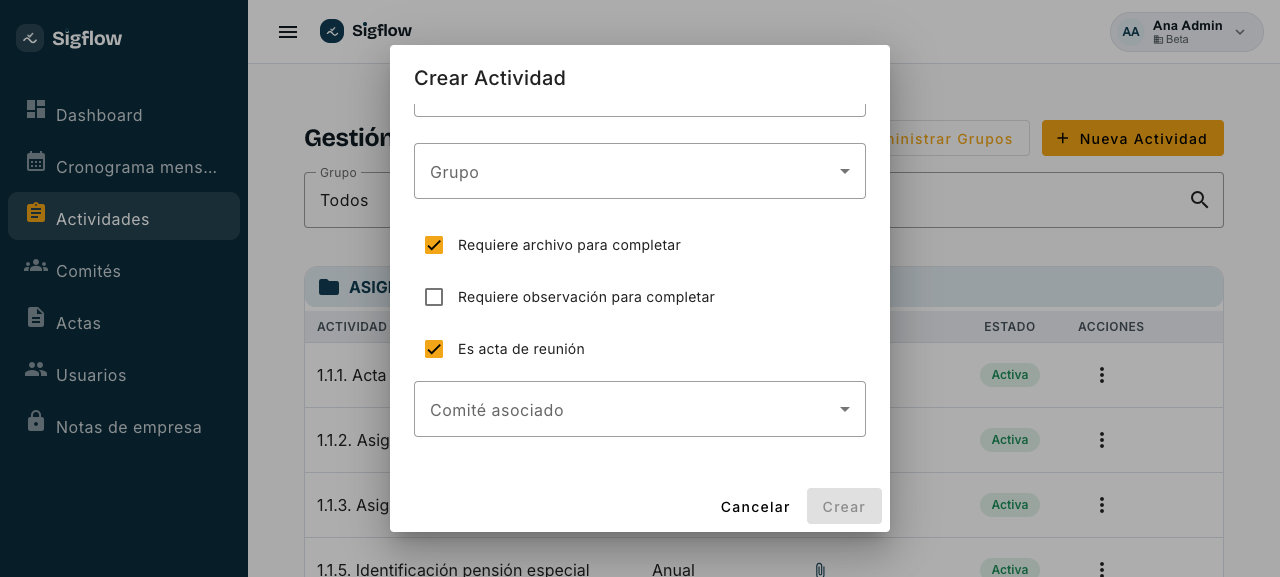 Formulario de actividad con la opción Es acta de reunión marcada y el campo Comité asociado